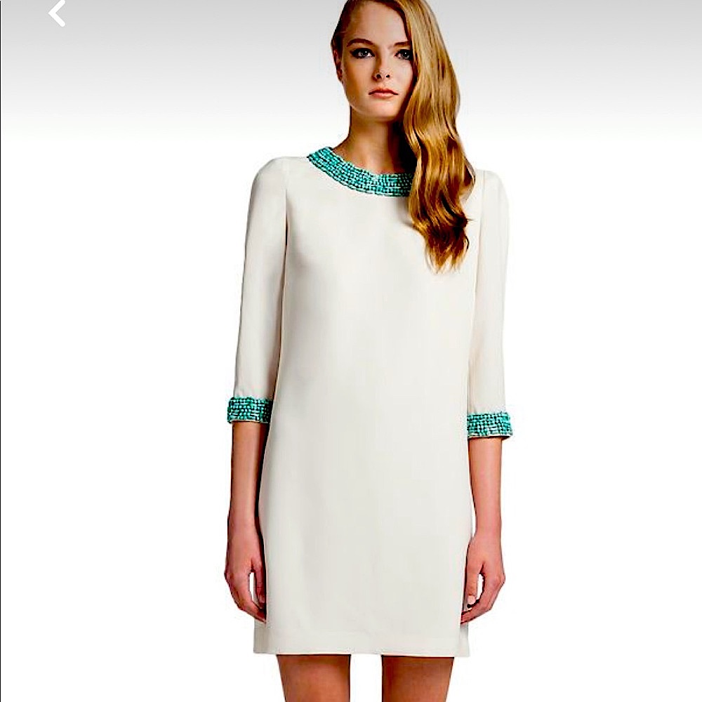 Cynthia Steffe 3/4 Sleeve Light Cream/Ivory Shift Dress W/ Turquoise Bead Detail